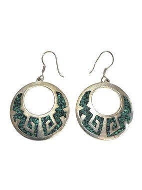Southwestern Handcrafted 925 Sterling Silver Turquoise Dangle Hoop Earrings 14g